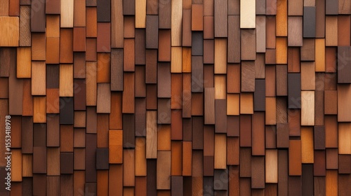 Wooden Tiles Texture: An intricately arranged, eye-level view showcases a mosaic of diverse wooden tiles, each piece subtly different in tone and hue, creating a dynamic and textured surface. 