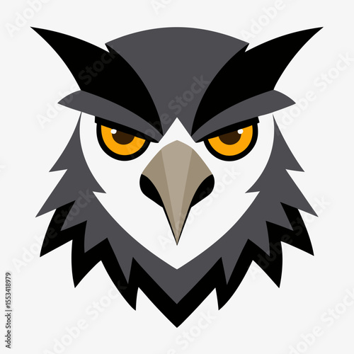 Intense owl face with sharp features and bright yellow eyes