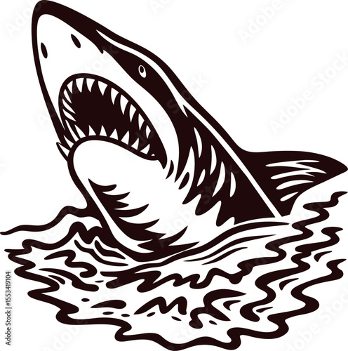 Fierce great white shark with open jaws emerging from water in bold monochrome illustration