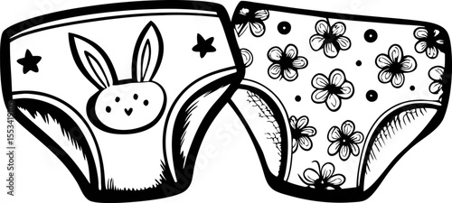 Cute children’s underwear with bunny and floral patterns hand drawn in black and white vintage illustration