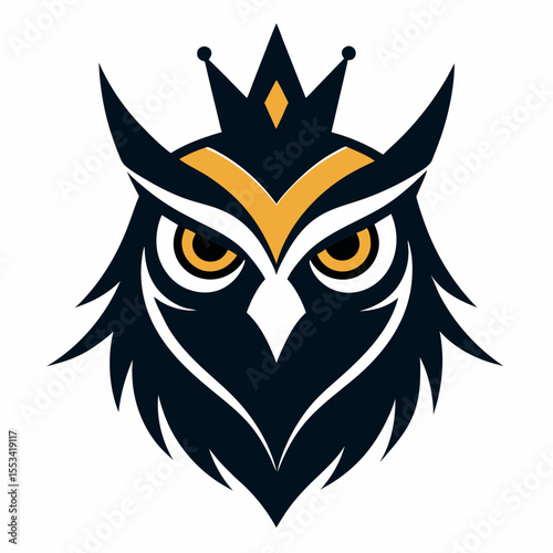 Majestic owl king emblem with golden crown and fierce yellow eyes