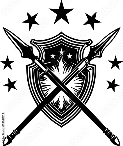 Heraldic shield with crossed spears and five stars black and white vintage emblem illustration