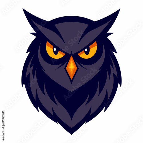 Fierce dark owl mascot with intense yellow eyes and orange beak