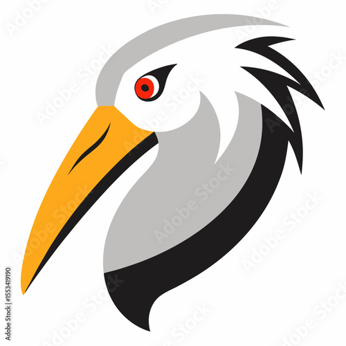 Stylized pelican head with sharp features and bright orange beak