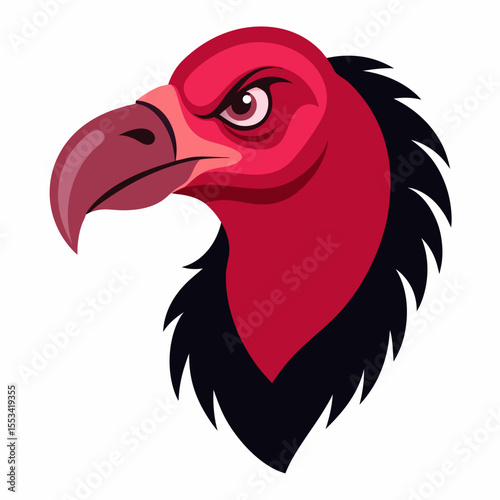 Stylized red vulture head with intense gaze and dark neck feathers