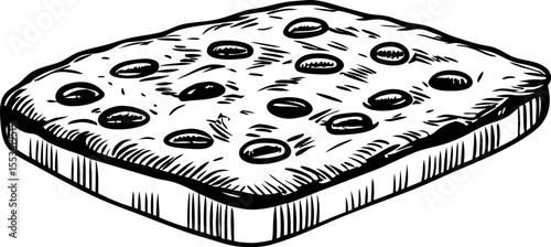 Hand drawn square focaccia bread with olives isolated on white vintage engraved sketch illustration