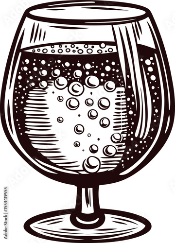 Vintage hand drawn illustration of a bubbly drink in a brandy glass with intricate detailed linework and foam
