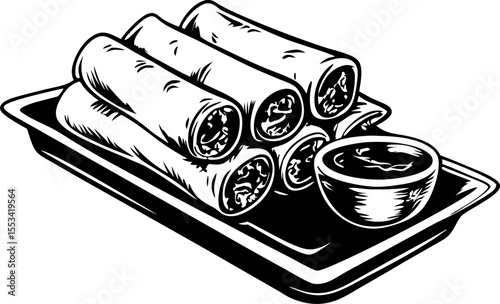 Hand drawn illustration of spring rolls on tray with dipping sauce in vintage engraved