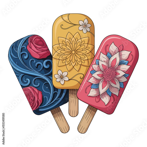 Vibrant Hand Drawn Flower Ice Cream Illustration for Digital Designs