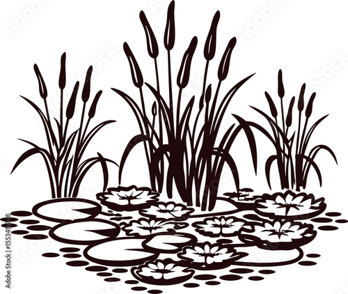Botanical illustration of cattails and lily pads with blooming water lilies in calm pond scene