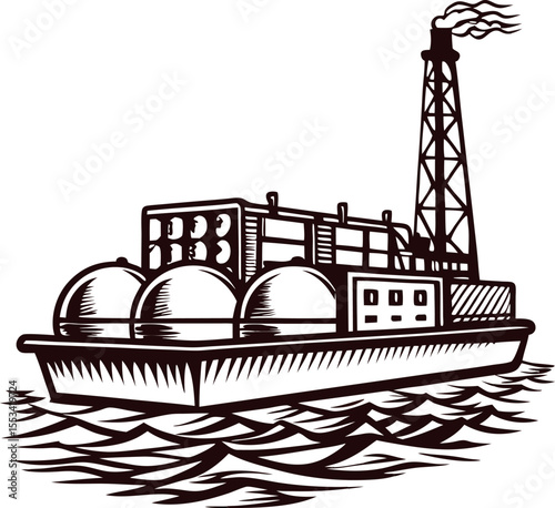 Vintage engraved illustration of an offshore oil and gas rig ship with storage tanks sailing on ocean waves