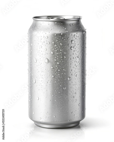Refreshing aluminum can glistening with water droplets isolated on a bright white background, conveying thirst and coolness.