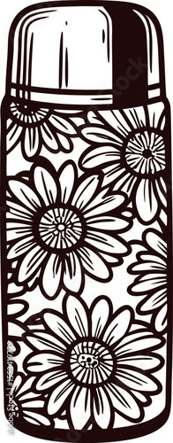 Hand drawn floral thermos bottle with daisies vintage engraved sketch illustration of insulated drink container