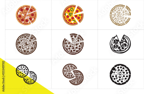 simple silhouette new york style pizza Icon Set – Diverse Pizza Icon Grid Featuring Sliced Pizzas in Flat, Outline and Monochrome Styles – Creative Pizza Art Display with Colorful and Black Pizzas