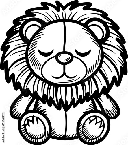 Hand drawn lion plush toy illustration with closed eyes and detailed mane in black and white