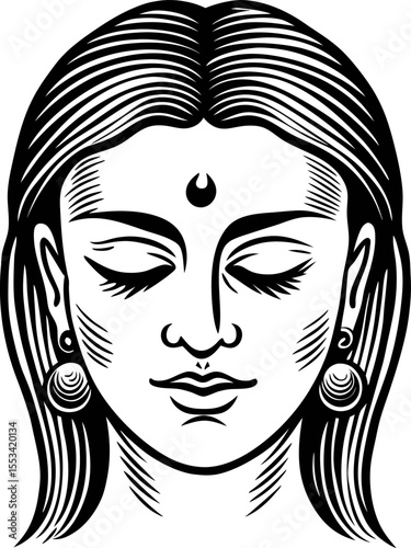 Peaceful meditative face with closed eyes and third eye, detailed black and white engraved illustration
