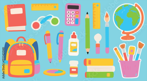 Vibrant School Supplies Illustration Cheerful Back to School Essentials Depicted in Playful and Colorful Style for Educational Projects