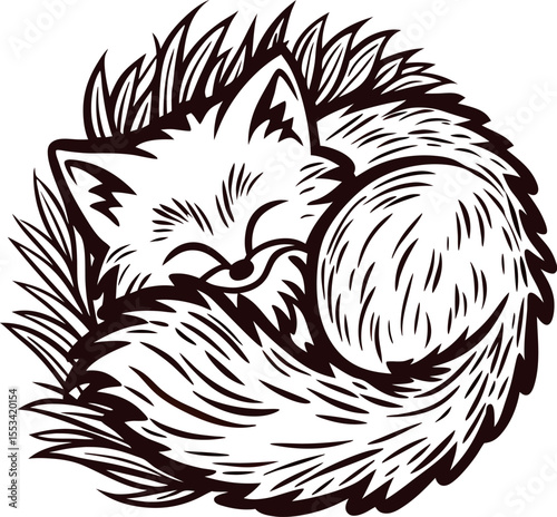 sleeping fox curled in grass, hand drawn vintage illustration with detailed line art and fluffy tail