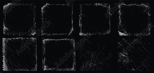 Grunge border texture frame set. Distressed square edge overlay collection for design effects. Dirty vintage scratch background elements.
