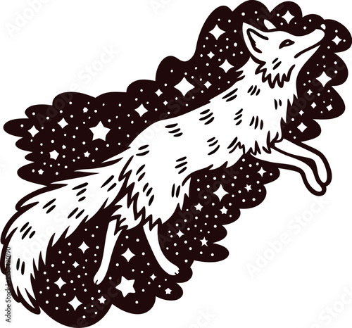 Celestial fox illustration with starry night sky design hand drawn mystical animal with cosmic elements in black and white