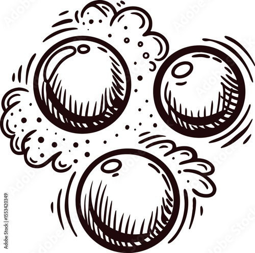 Hand drawn illustration of three soap bubbles with foam and motion lines in vintage engraved