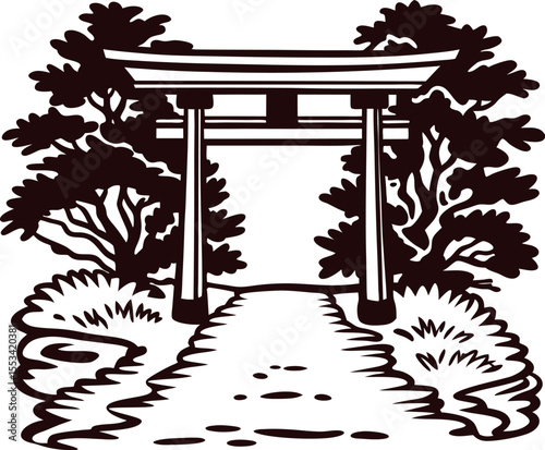 Traditional japanese torii gate with pathway and trees hand drawn in vintage engraved illustration