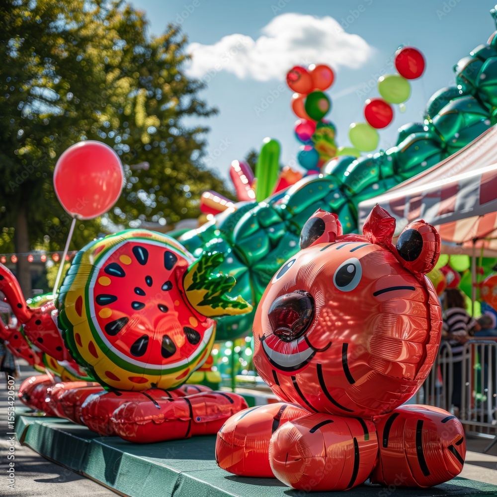 Fototapeta premium Watermelon balloon animals at a summer fair - surreal and festive