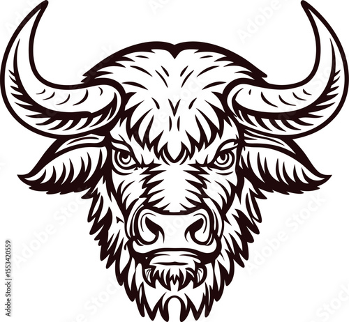 Fierce bison head illustration with detailed fur and sharp horns in vintage engraved monochrome drawing