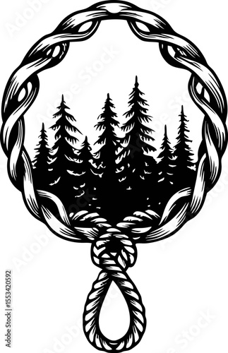 Hand drawn forest scene framed by braided rope with pine trees and knotted loop illustration
