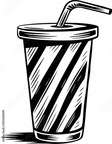 Hand drawn striped takeaway cup with straw isolated vintage sketch of cold drink container in monochrome