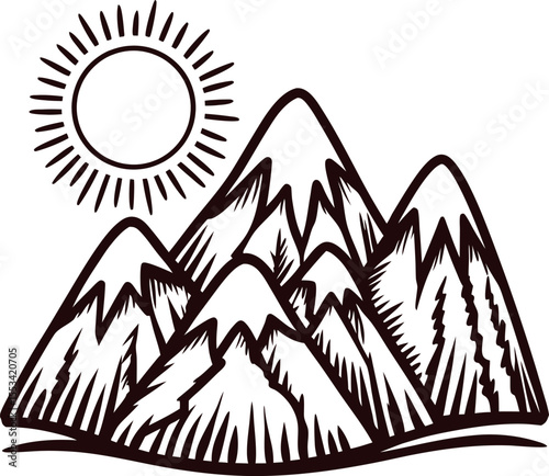 hand drawn mountain peak landscape with sun in vintage engraved illustration