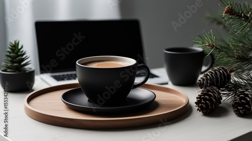 Dark coffee cup on a wooden tray, laptop and pine cones on a white table.