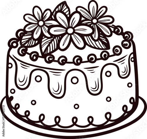 Floral decorated cake with berries and leaves hand drawn outline illustration of dessert with icing on round plate