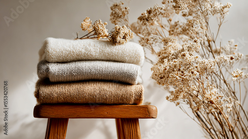 A stack of knitted sweaters on a wooden stool, with dried flowers above it