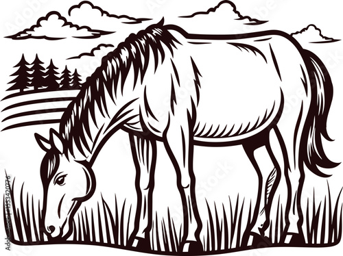Detailed hand drawn illustration of a grazing horse on grass in a rural landscape with trees and clouds