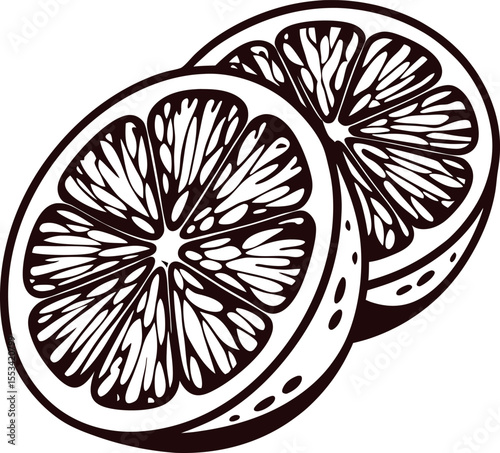 Hand drawn citrus fruit slice illustration vintage engraved lemon or orange half in black and white
