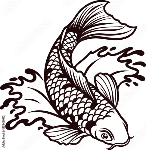 Detailed black ink drawing of koi fish with decorative scales and flowing water splash elements