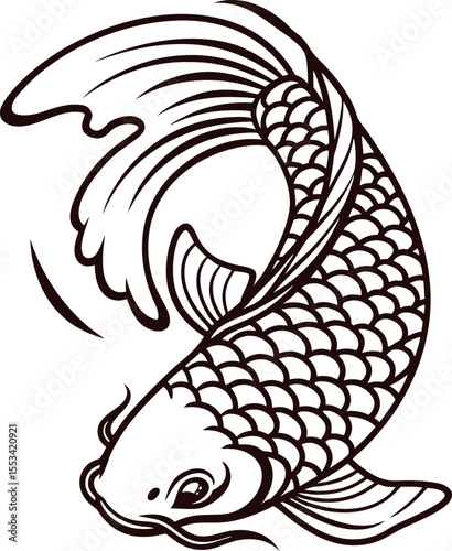 Traditional japanese koi fish illustration with detailed scales and flowing water, elegant black line art design