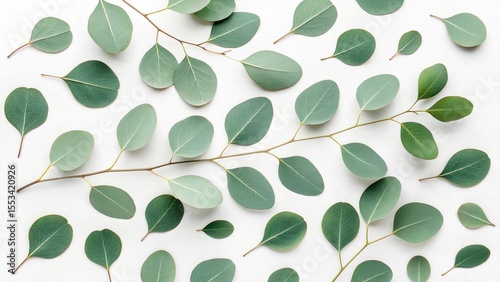 Fresh green eucalyptus leaves create a natural pattern on a white background, providing a clean, minimalist floral design.