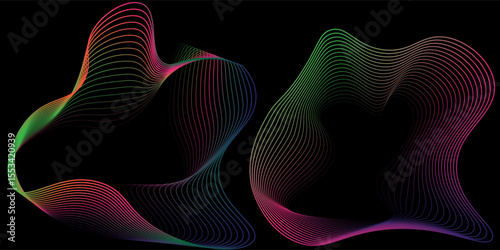 A set of multicolored neon sound waves. Sound lines, radial spectrum, sound equalizers. Colorful equalizer background. Circular geometric wavy frame. Vector radial spectrum.