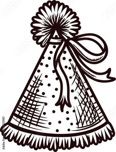 Vintage engraved party hat with ribbon and pompom, hand drawn celebratory cone cap illustration