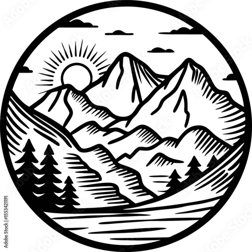 Black and white illustration of mountainous landscape with sun, clouds, trees, ridges, river in circular emblem