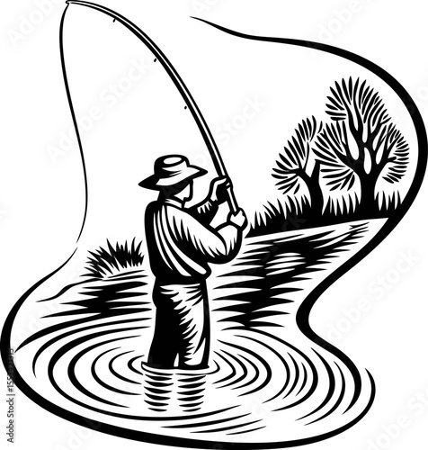 fisherman casting line in river with trees in background, black and white woodcut illustration