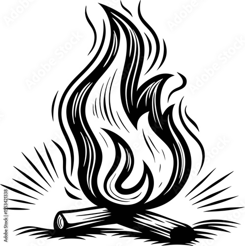 Rustic woodcut illustration of a campfire with stylized flames and logs on white background