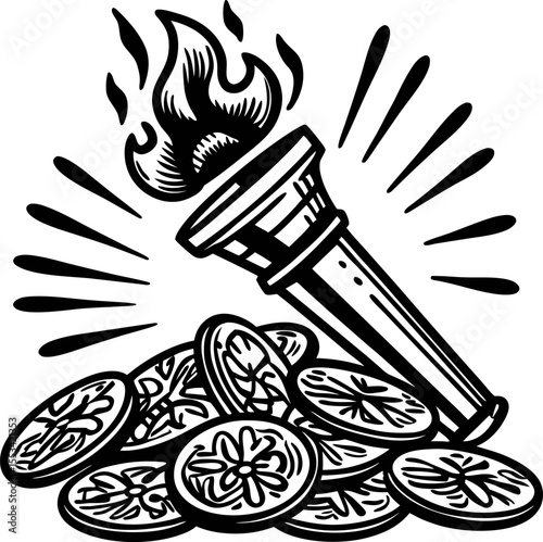 Illustrated torch with flames and radiant light over scattered ancient coins, hand drawn vintage engraving