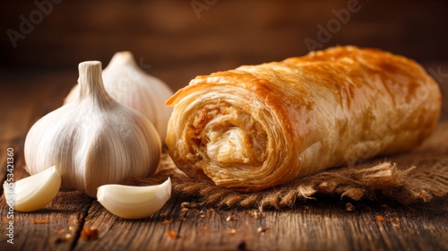 An appealing image of a gourmet sausage roll, golden-brown and flaky, placed on a rustic wooden table, highlighting the deliciousness of this popular snack