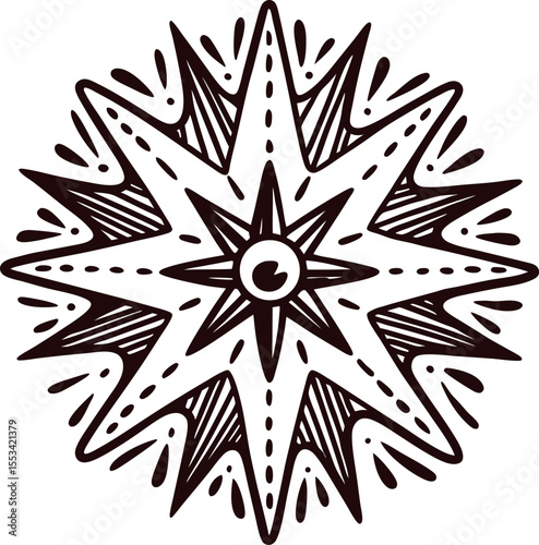 Hand drawn vintage compass rose with starburst and symmetrical lines in black and white illustration