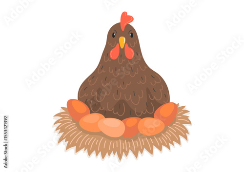 Cute hen on the nest with eggs.