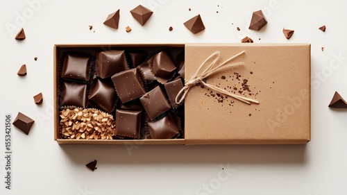 Brown cardboard box filled with assorted dark chocolate pieces.