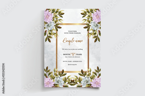 WEDDING INVITATION FRAME WITH FLOWER DECORATIONS AND FRESH LEAVES
